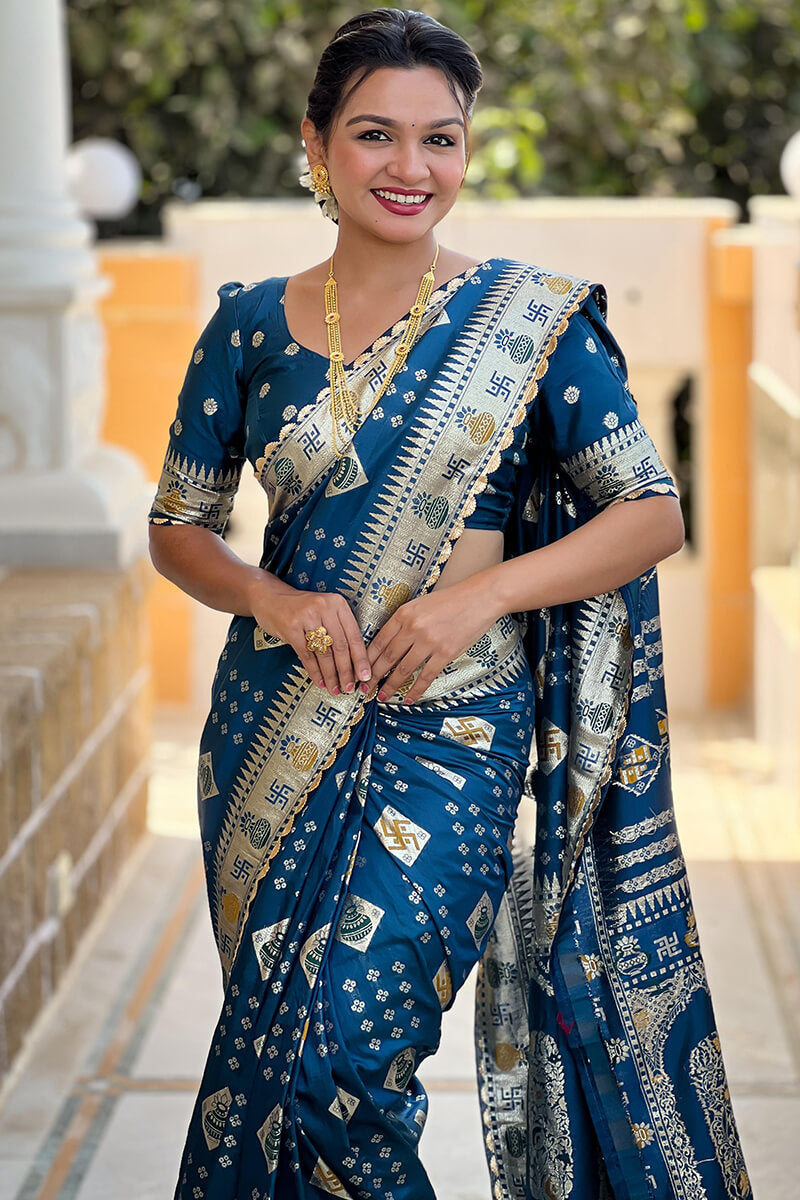Ailurophile Rama Soft Banarasi Silk Saree With Beautiful Blouse Piece