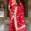 Prodigal Red Soft Banarasi Silk Saree With Desiring Blouse Piece