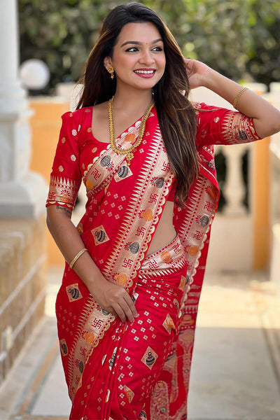 Prodigal Red Soft Banarasi Silk Saree With Desiring Blouse Piece