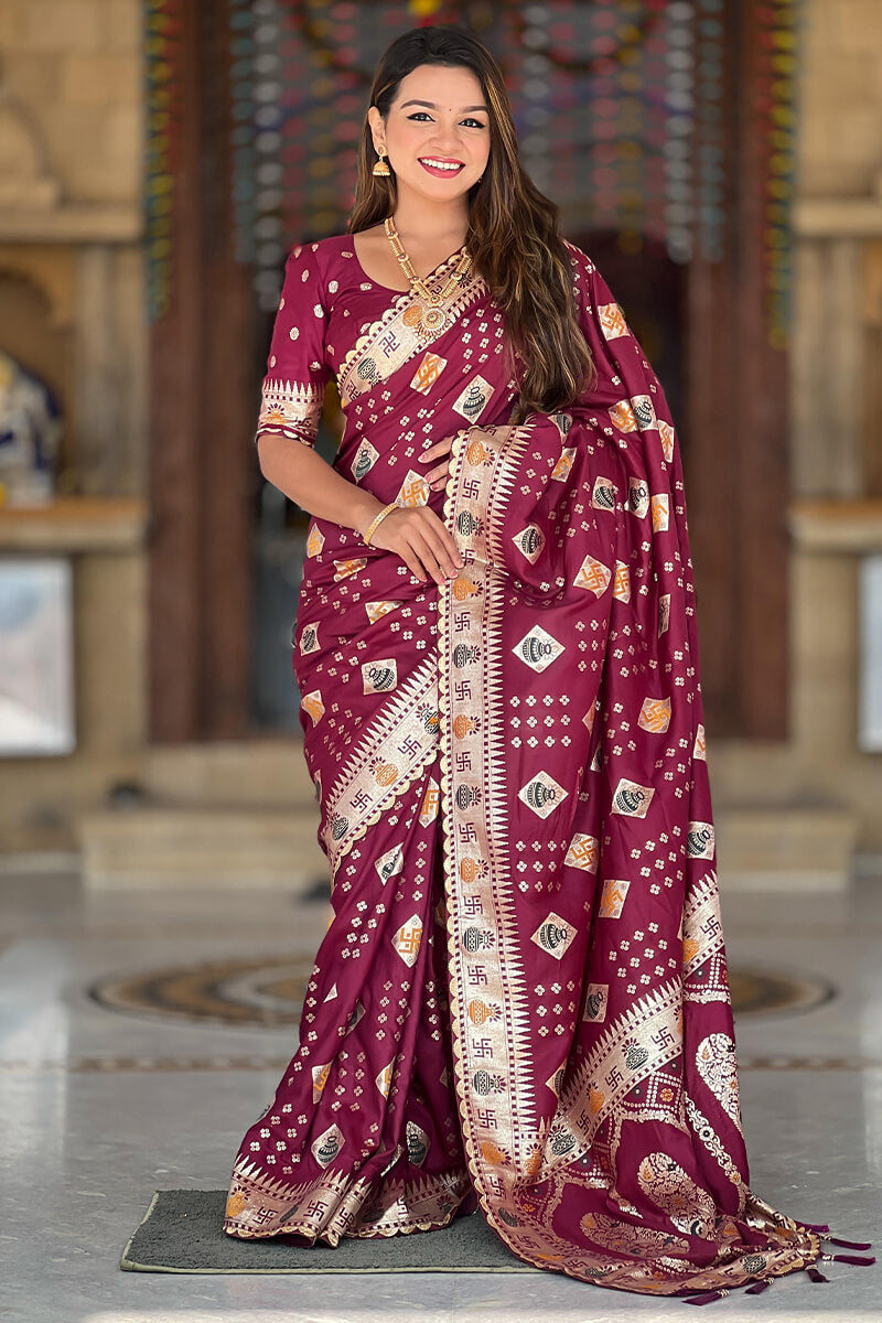 Ephemeral Wine Soft Banarasi Silk Saree With Allure Blouse Piece