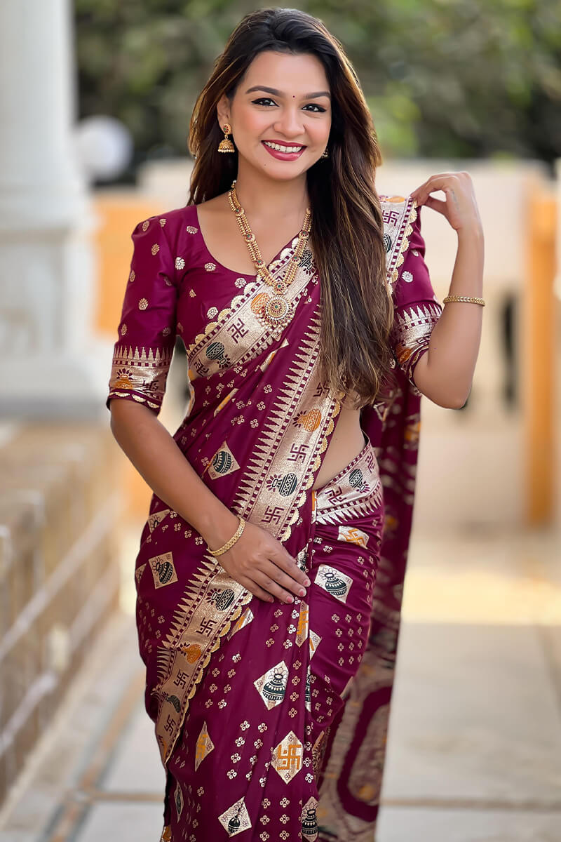 Ephemeral Wine Soft Banarasi Silk Saree With Allure Blouse Piece