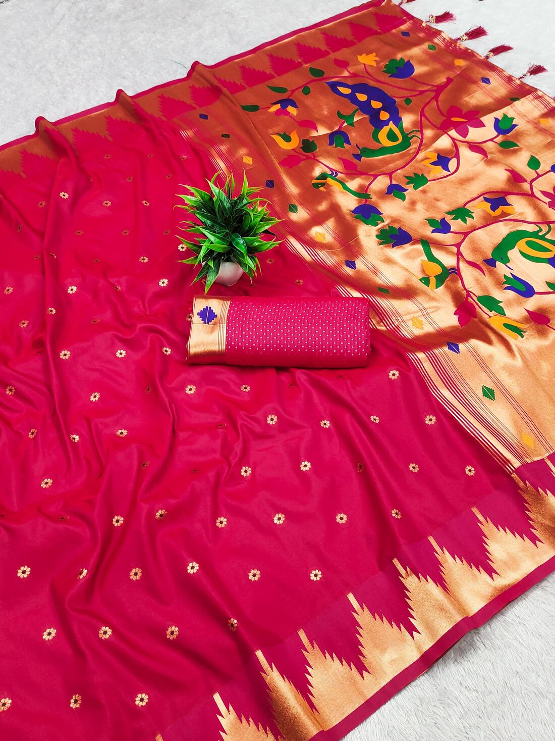 Denouement Dark Pink Paithani Silk Saree With Adorable Blouse Piece