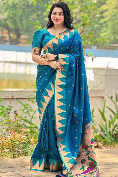 Verdant Firozi Paithani Silk Saree With Girlish Blouse Piece