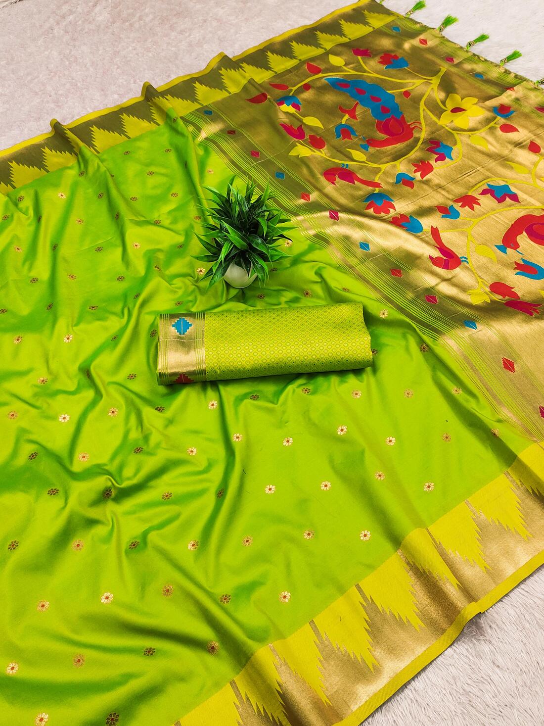 Pulsating Parrot Paithani Silk Saree With Enticing Blouse Piece