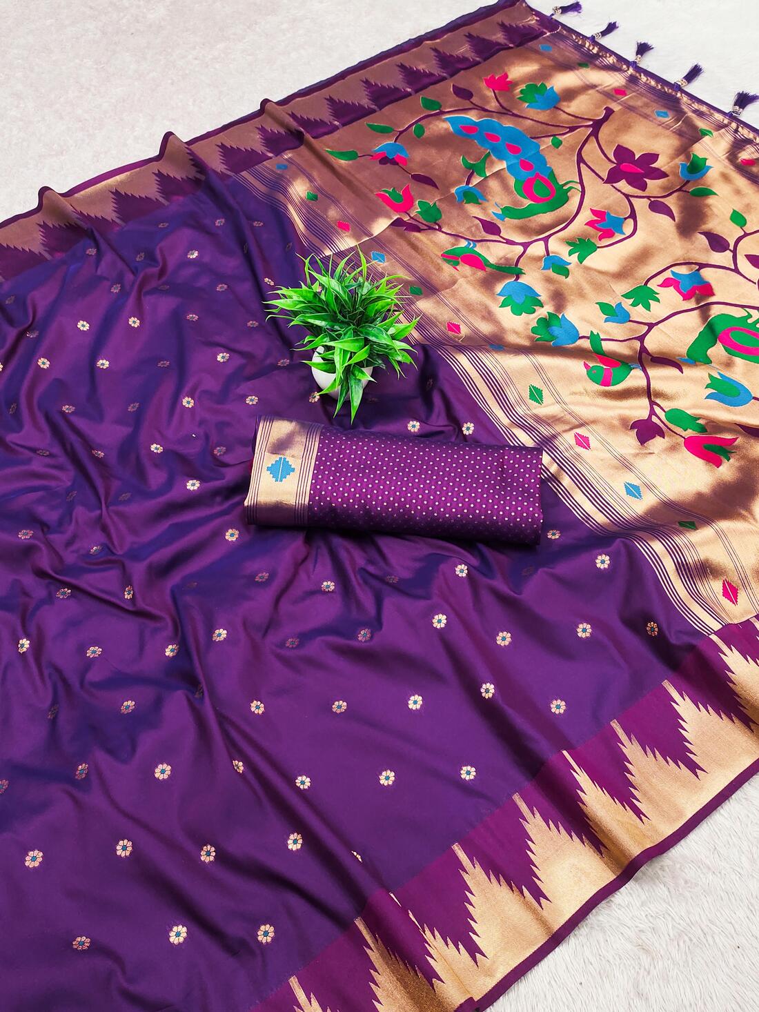 Ornate Purple Paithani Silk Saree With Unique Blouse Piece