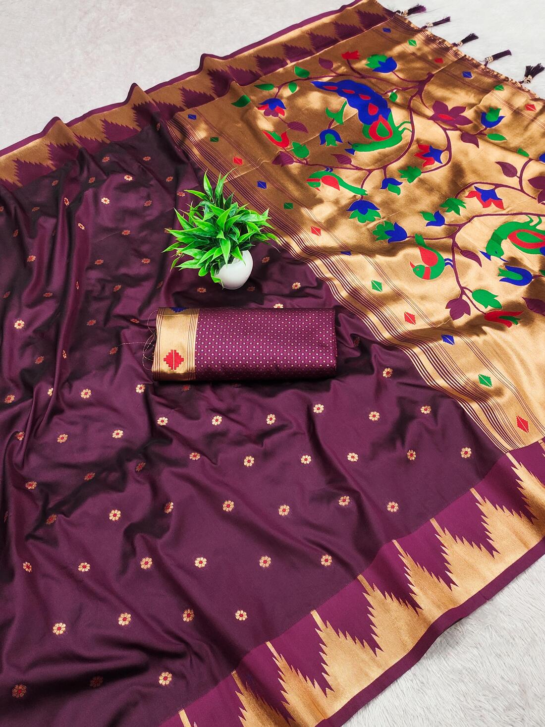 Lovely Wine Paithani Silk Saree With Excellent Blouse Piece
