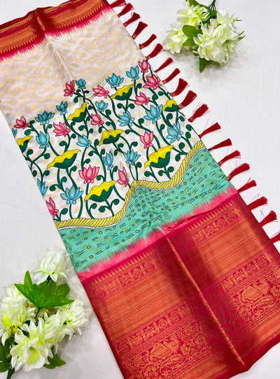 Scintillating Beige Kalamkari Printed Saree With Flameboyant Blouse Piece