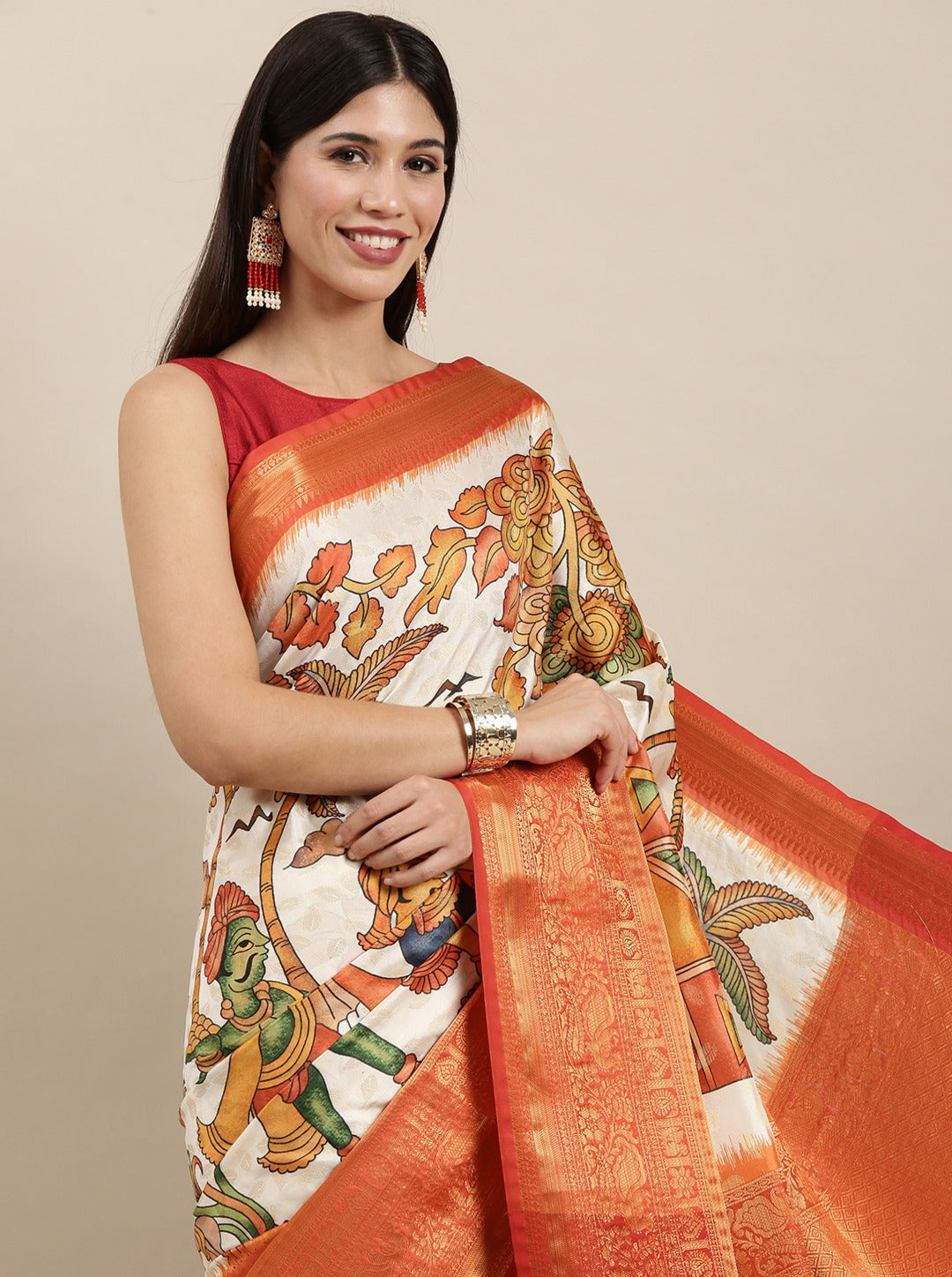 Ravishing Beige Kalamkari Printed Saree With Flameboyant Blouse Piece