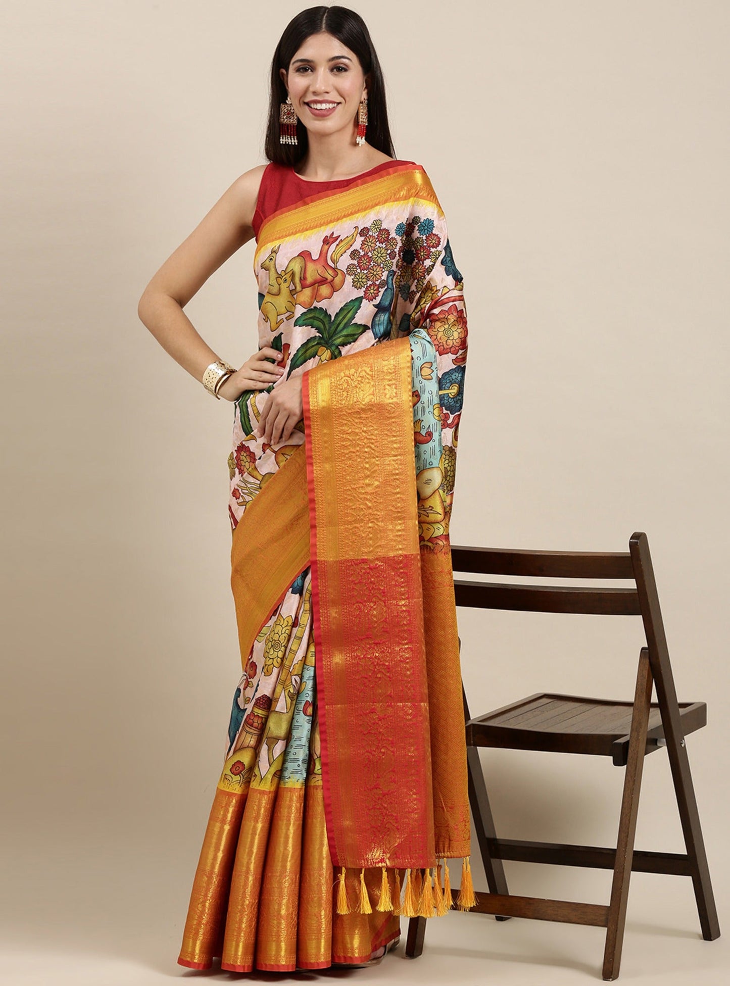 Arresting Beige Kalamkari Printed Saree With Impressive Blouse Piece