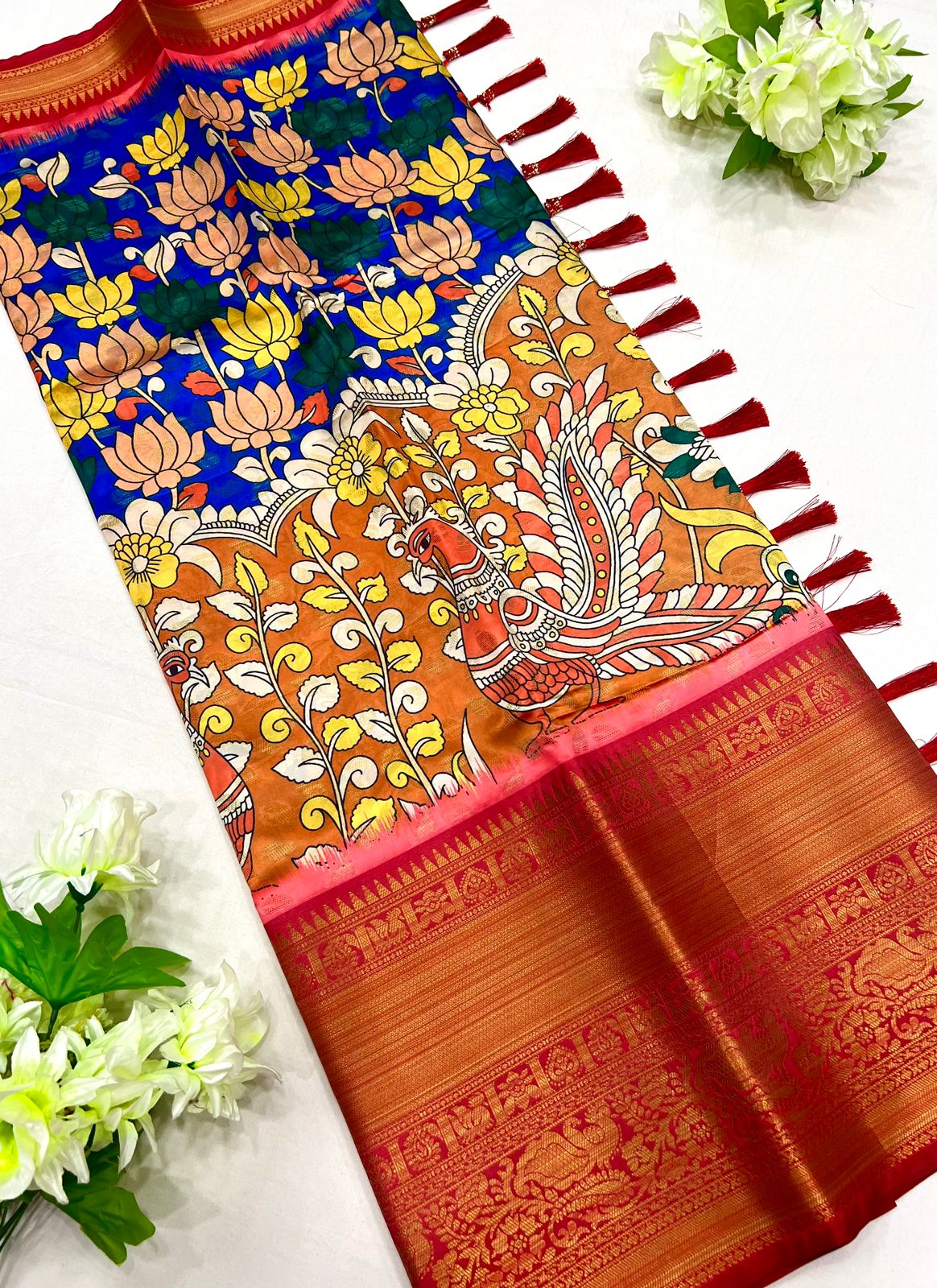Energetic Beige Kalamkari Printed Saree With Classy Blouse Piece