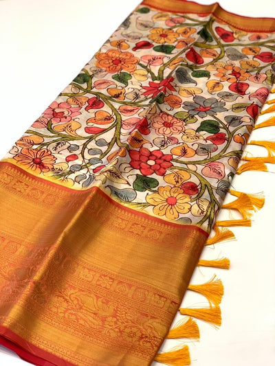 Staring Beige Kalamkari Printed Saree With Appealing Blouse Piece