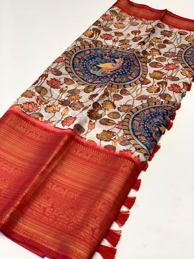Charming Beige Kalamkari Printed Saree With Stylish Blouse Piece