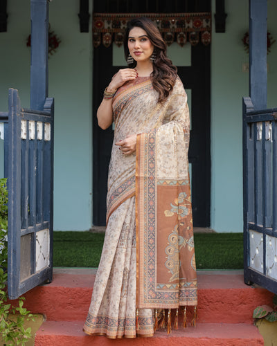 Beige Floral Printed Silk Saree with Contrast Border & Tassel Pallu
