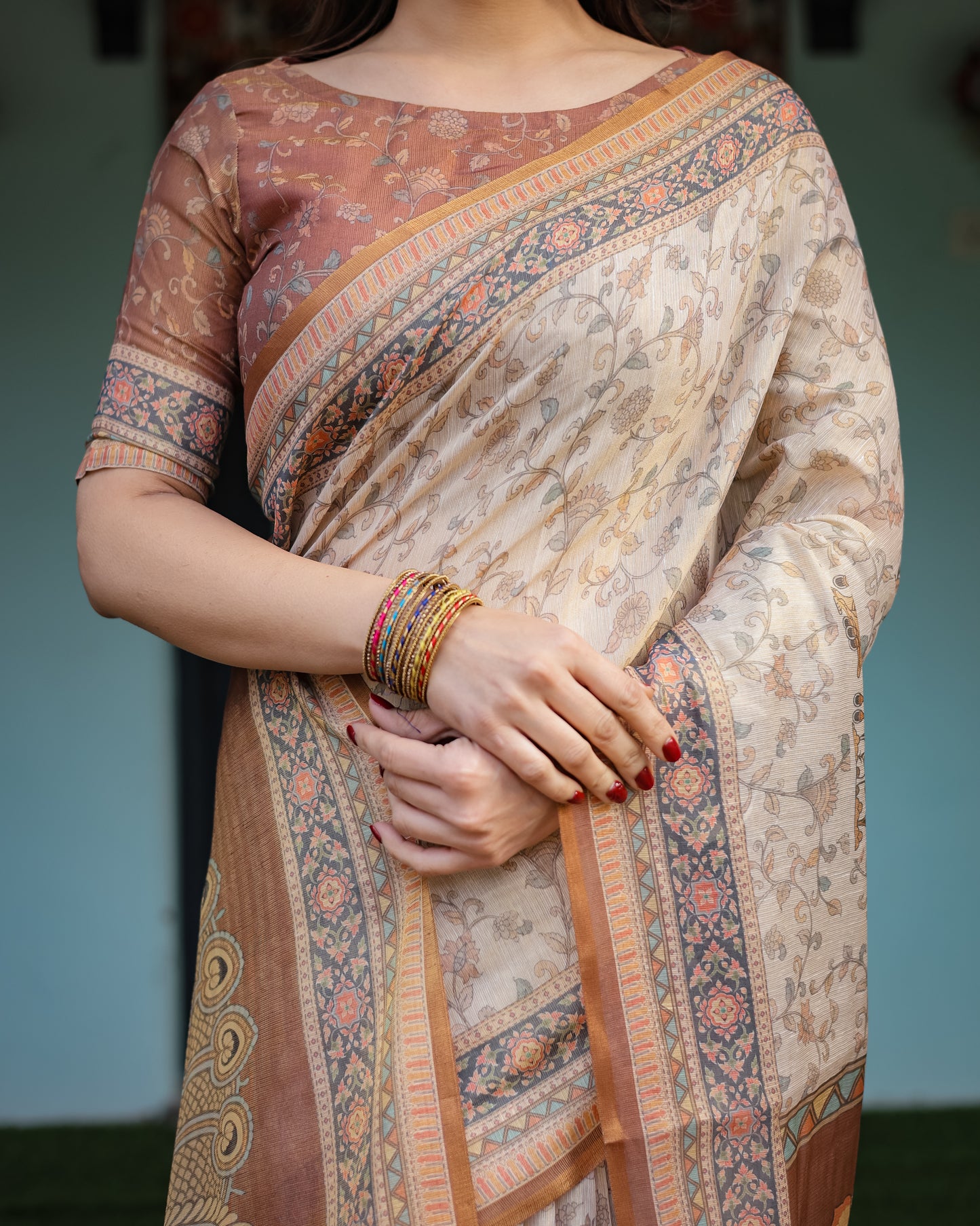 Beige Floral Printed Silk Saree with Contrast Border & Tassel Pallu