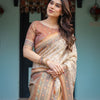 Beige Floral Printed Silk Saree with Contrast Border & Tassel Pallu
