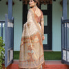Beige Floral Printed Silk Saree with Contrast Border & Tassel Pallu