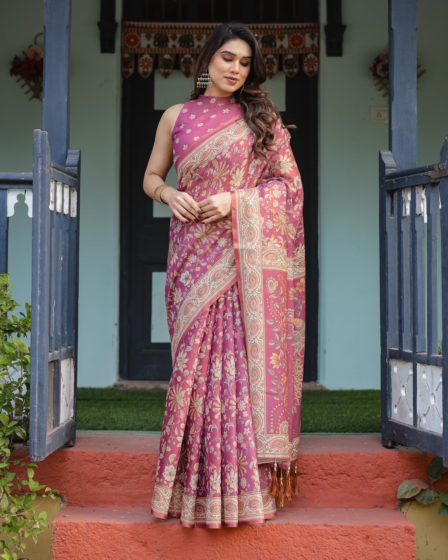 Wine Mauve Floral Printed Silk Saree with Elegant Border & Tassel Pallu