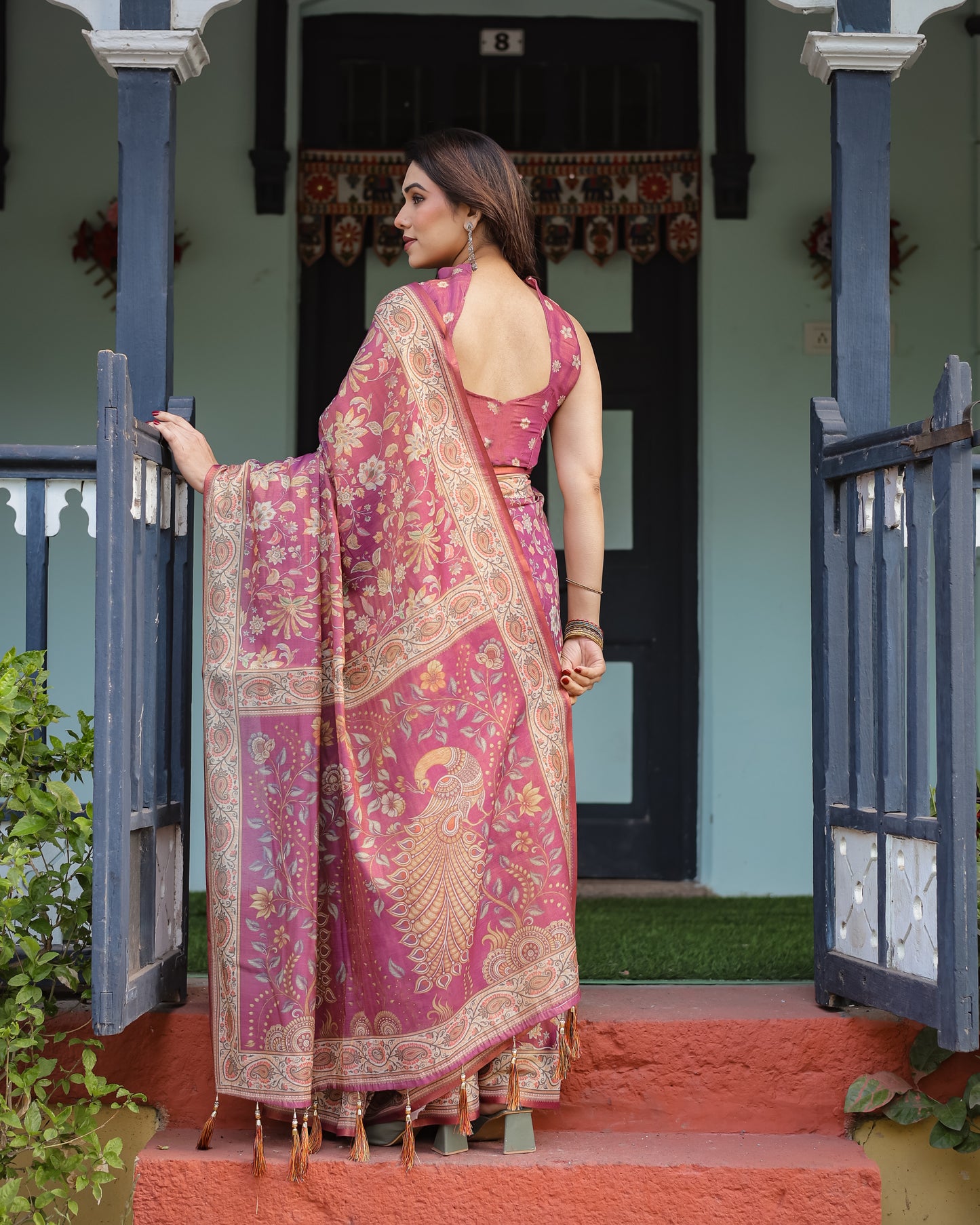 Wine Mauve Floral Printed Silk Saree with Elegant Border & Tassel Pallu