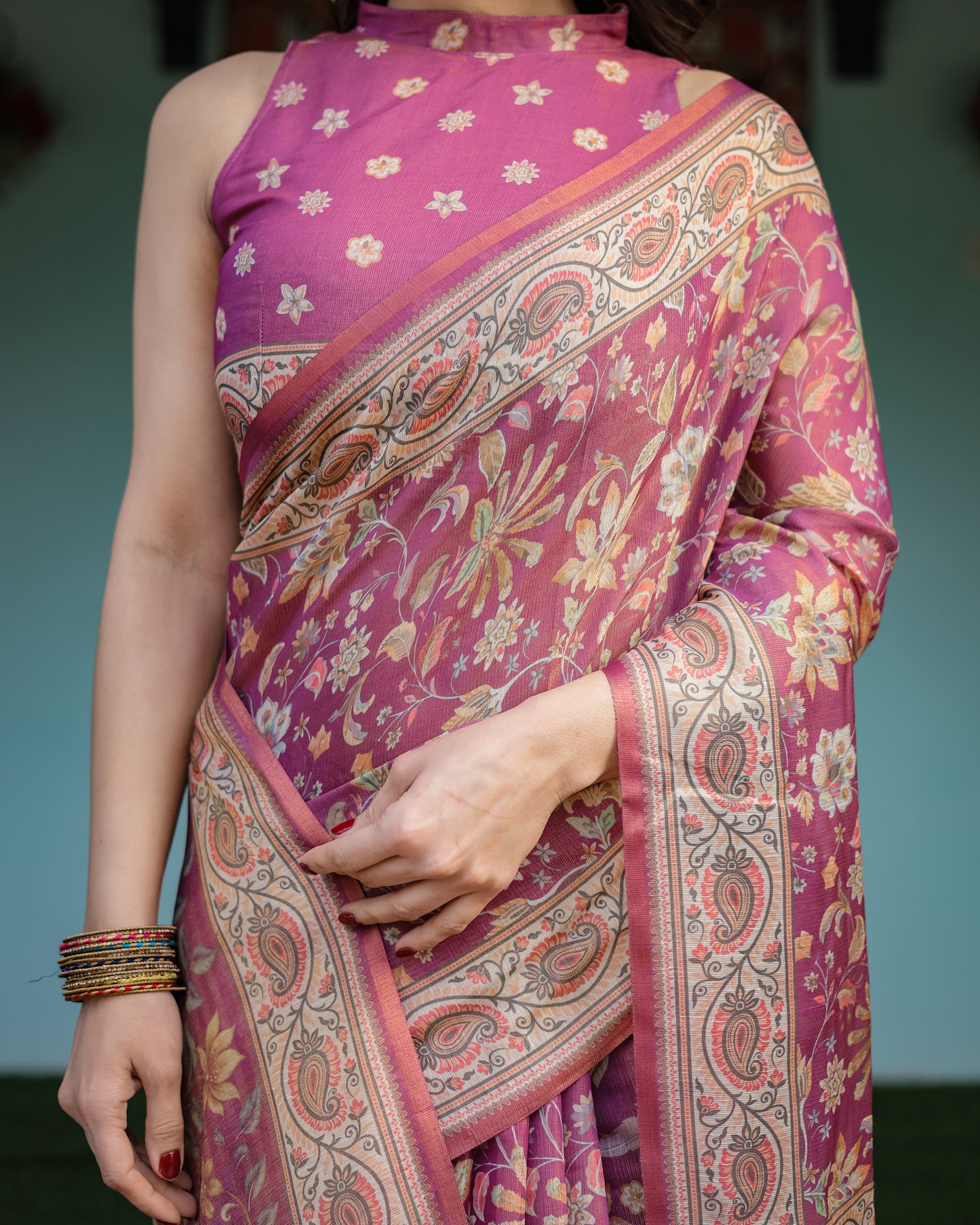 Wine Mauve Floral Printed Silk Saree with Elegant Border & Tassel Pallu