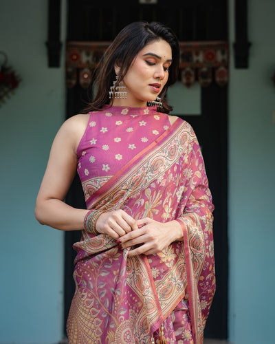 Wine Mauve Floral Printed Silk Saree with Elegant Border & Tassel Pallu