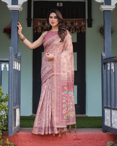 Dusty Rose Floral Printed Silk Saree with Artistic Pallu & Tassel Finish