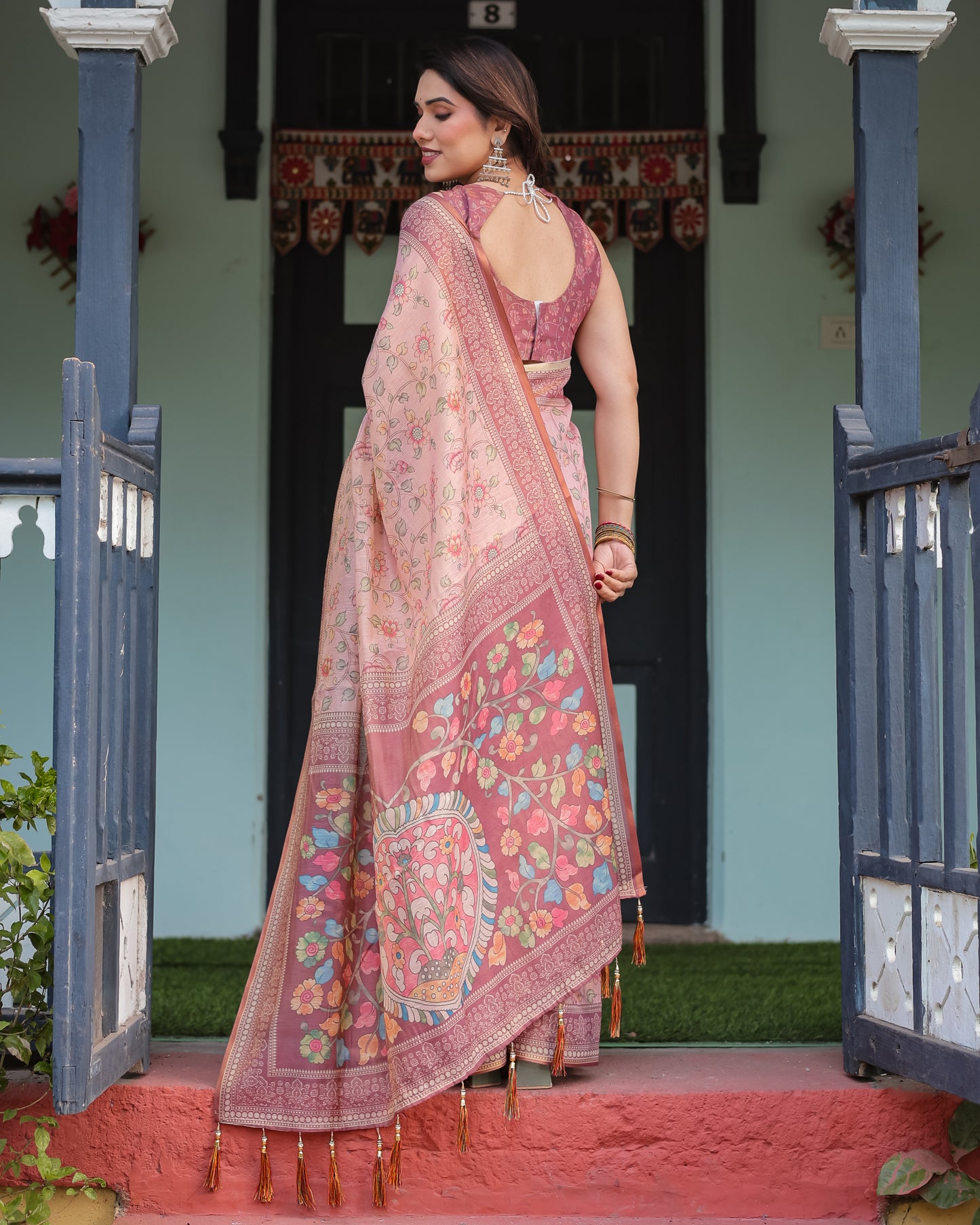 Dusty Rose Floral Printed Silk Saree with Artistic Pallu & Tassel Finish