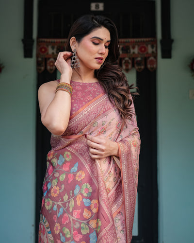 Dusty Rose Floral Printed Silk Saree with Artistic Pallu & Tassel Finish
