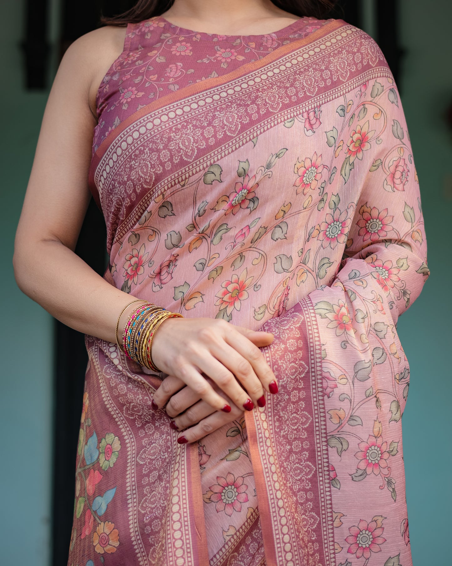Dusty Rose Floral Printed Silk Saree with Artistic Pallu & Tassel Finish