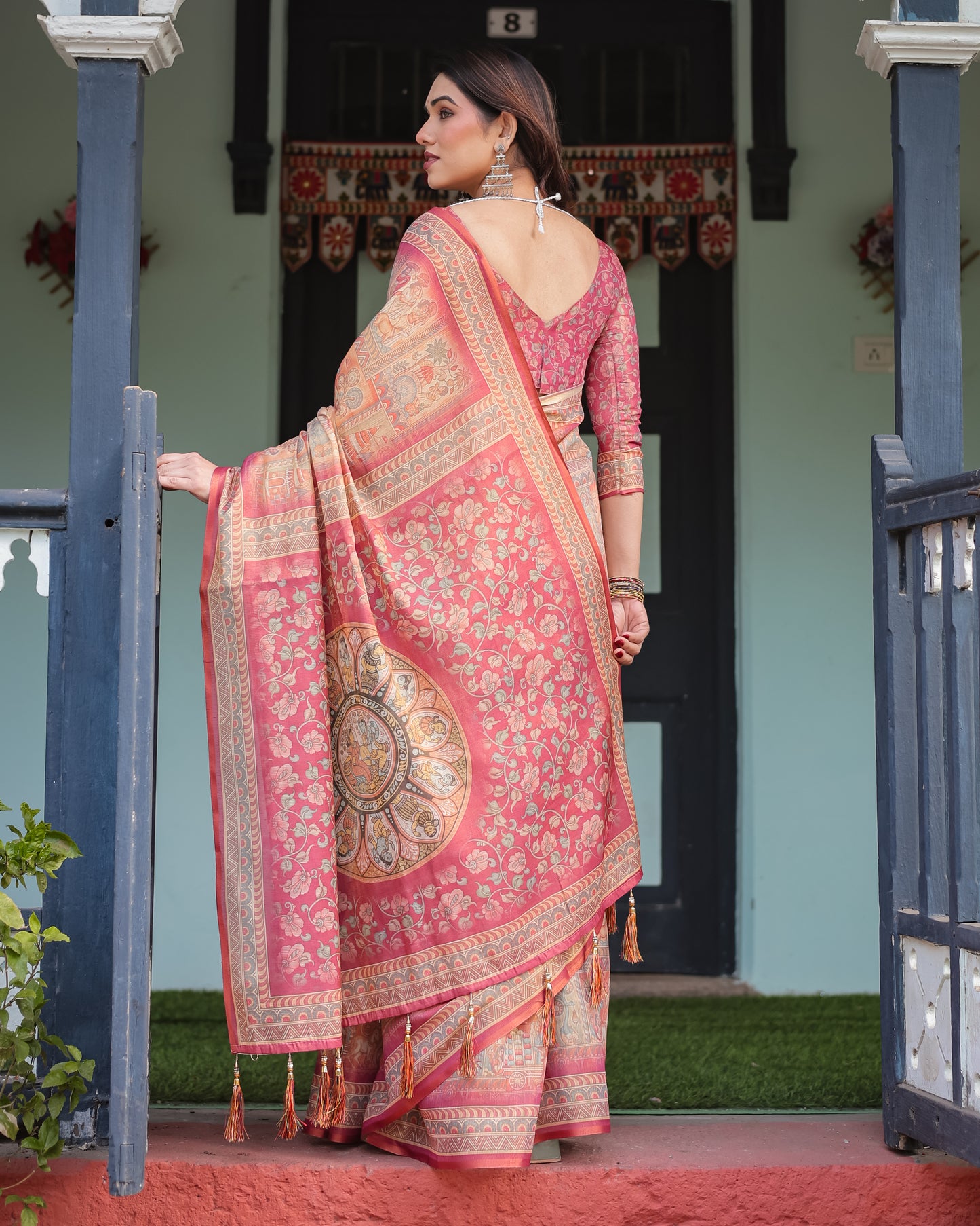 Peach & Rose Printed Silk Saree with Traditional Art Motifs & Tassel Pallu