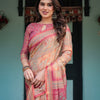 Peach & Rose Printed Silk Saree with Traditional Art Motifs & Tassel Pallu