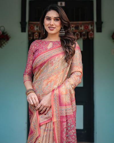 Peach & Rose Printed Silk Saree with Traditional Art Motifs & Tassel Pallu