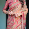 Peach & Rose Printed Silk Saree with Traditional Art Motifs & Tassel Pallu