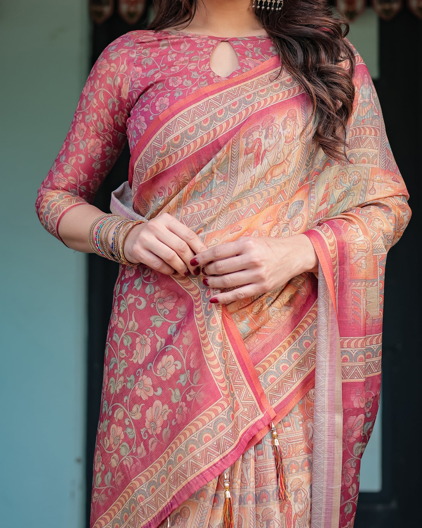 Peach & Rose Printed Silk Saree with Traditional Art Motifs & Tassel Pallu