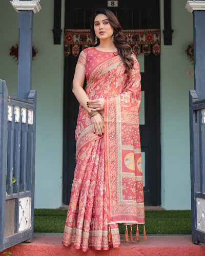 Rose Pink Printed Silk Saree with Traditional Motifs & Tassel Pallu