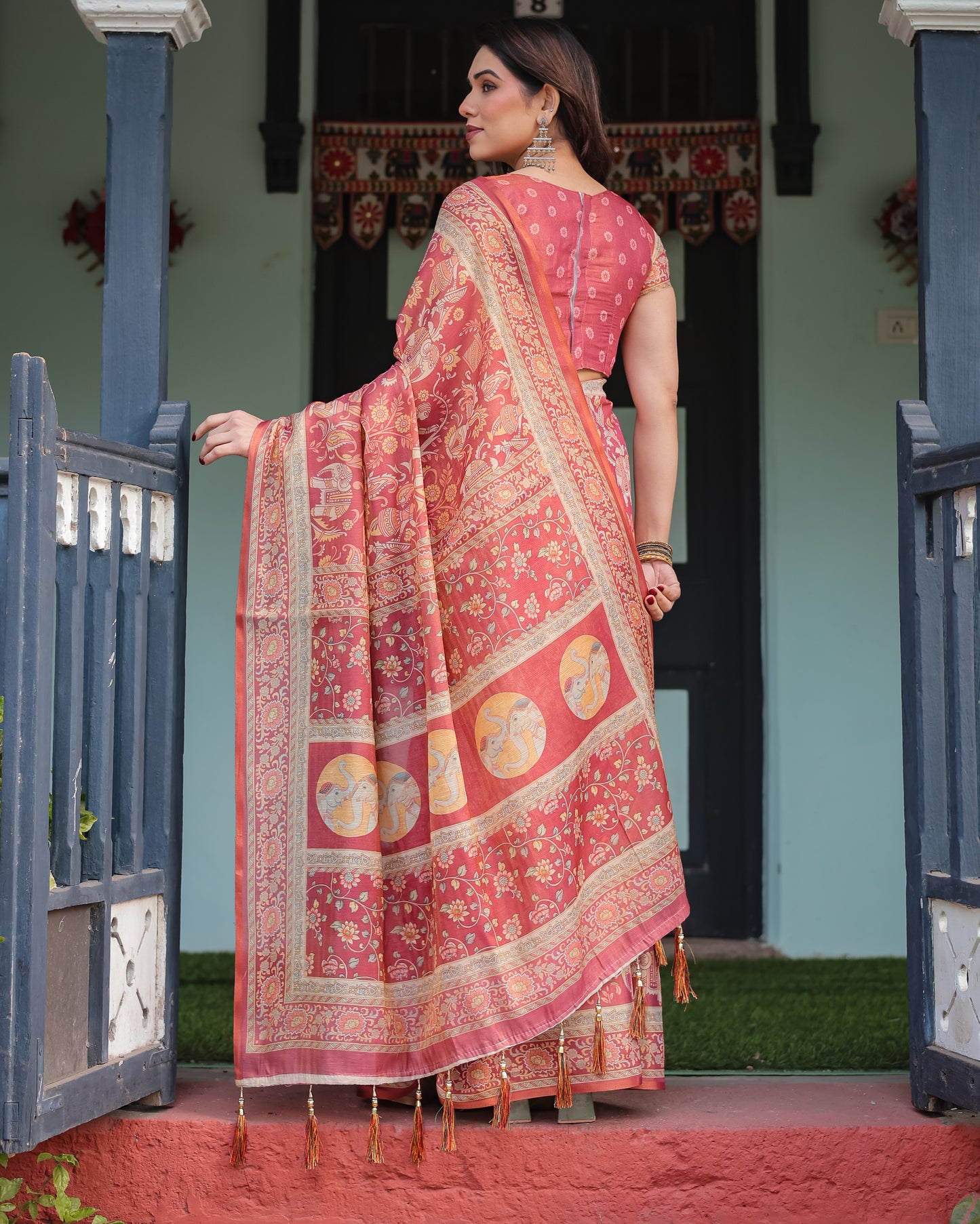 Rose Pink Printed Silk Saree with Traditional Motifs & Tassel Pallu