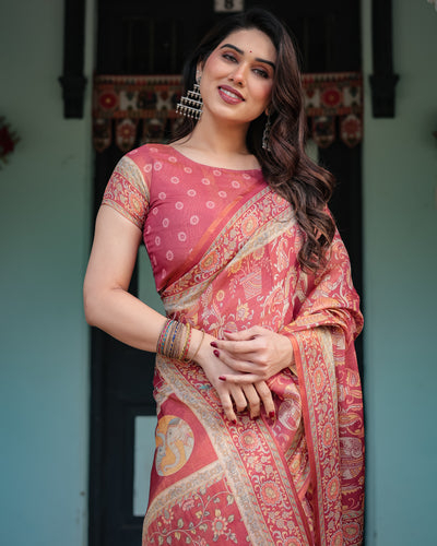 Rose Pink Printed Silk Saree with Traditional Motifs & Tassel Pallu