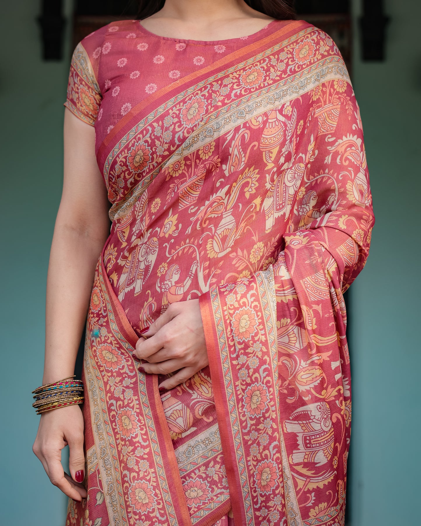 Rose Pink Printed Silk Saree with Traditional Motifs & Tassel Pallu