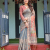 Grey & Rust Printed Silk Saree with Kalamkari-Inspired Border and Tassel Pallu