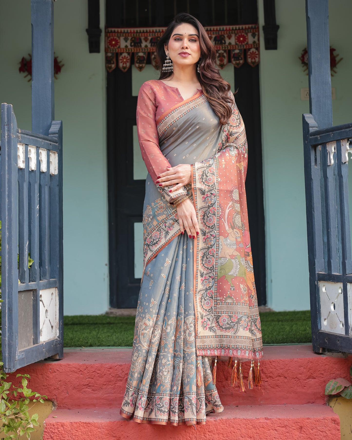 Grey & Rust Printed Silk Saree with Kalamkari-Inspired Border and Tassel Pallu
