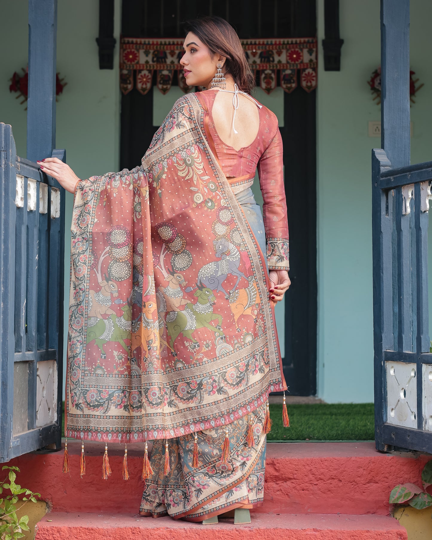 Grey & Rust Printed Silk Saree with Kalamkari-Inspired Border and Tassel Pallu