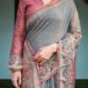 Grey & Rust Printed Silk Saree with Kalamkari-Inspired Border and Tassel Pallu