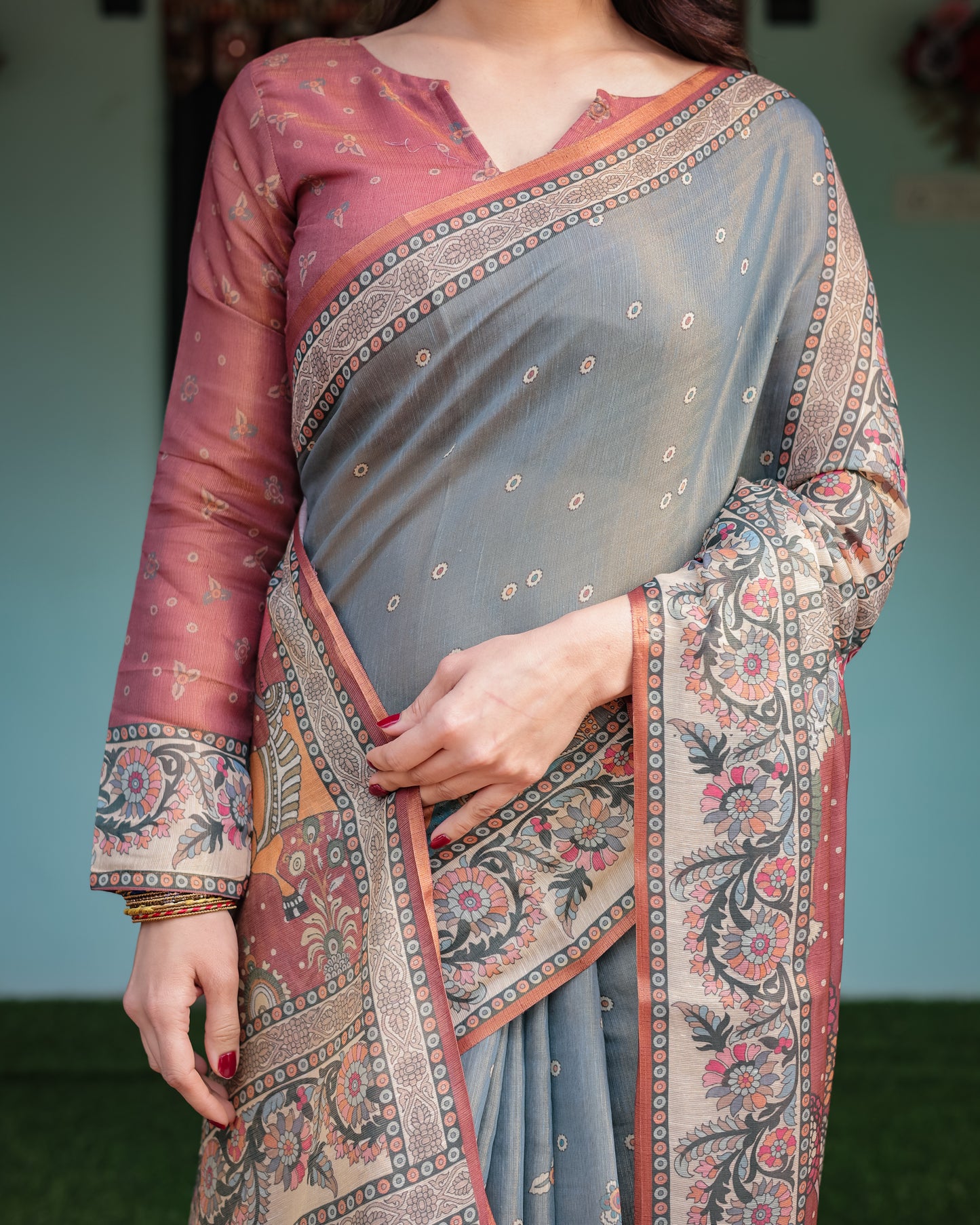 Grey & Rust Printed Silk Saree with Kalamkari-Inspired Border and Tassel Pallu
