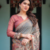 Grey & Rust Printed Silk Saree with Kalamkari-Inspired Border and Tassel Pallu