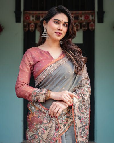 Grey & Rust Printed Silk Saree with Kalamkari-Inspired Border and Tassel Pallu