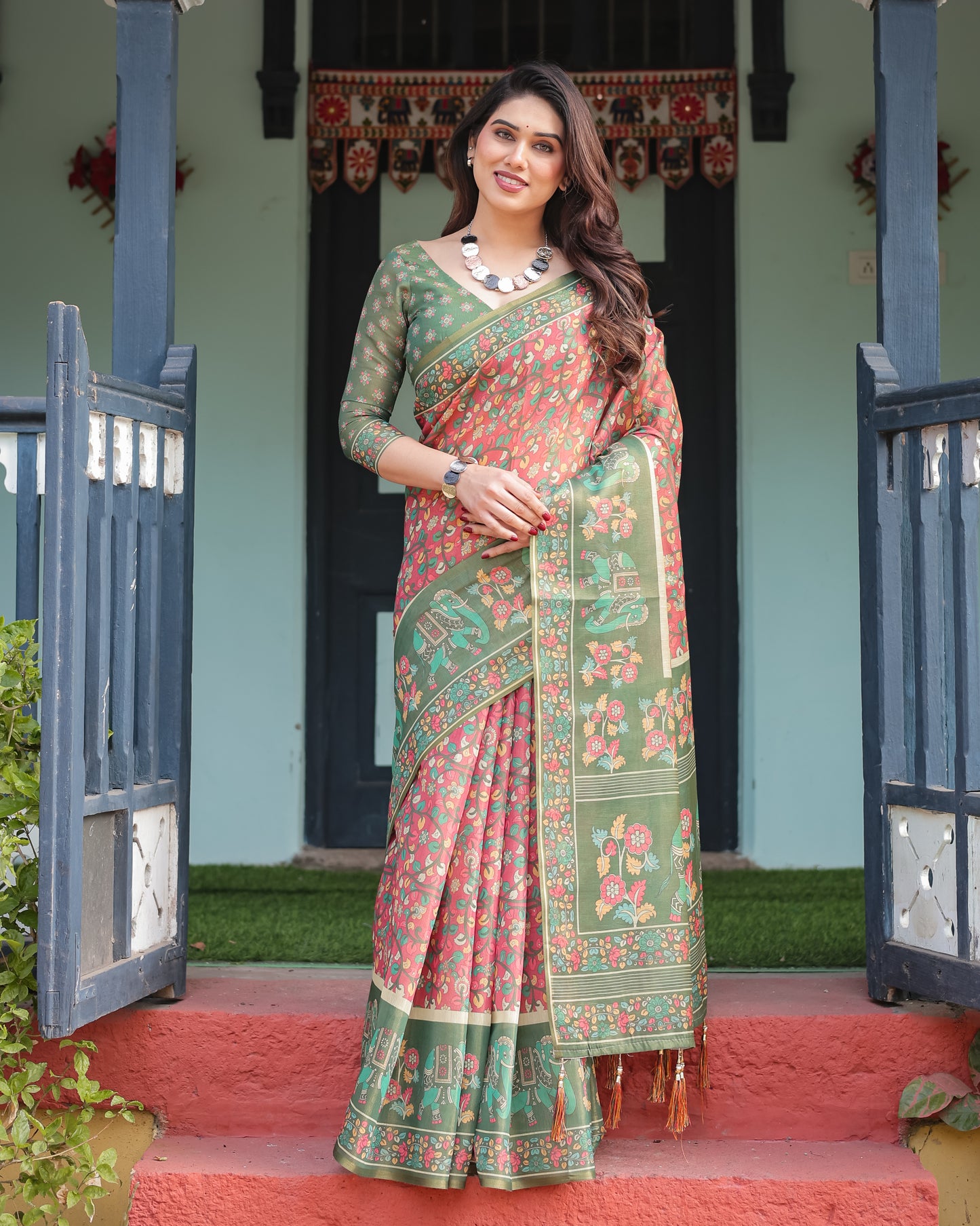 Bottle Green & Rose Pink Printed Silk Saree with Elephant Motif Border and Tassel Pallu