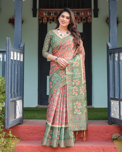 Bottle Green & Rose Pink Printed Silk Saree with Elephant Motif Border and Tassel Pallu