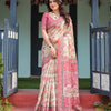 Ivory Cream Floral Printed Silk Saree with Pink Border & Tassel Pallu
