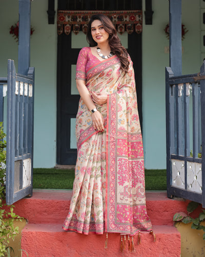 Ivory Cream Floral Printed Silk Saree with Pink Border & Tassel Pallu