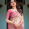 Ivory Cream Floral Printed Silk Saree with Pink Border & Tassel Pallu