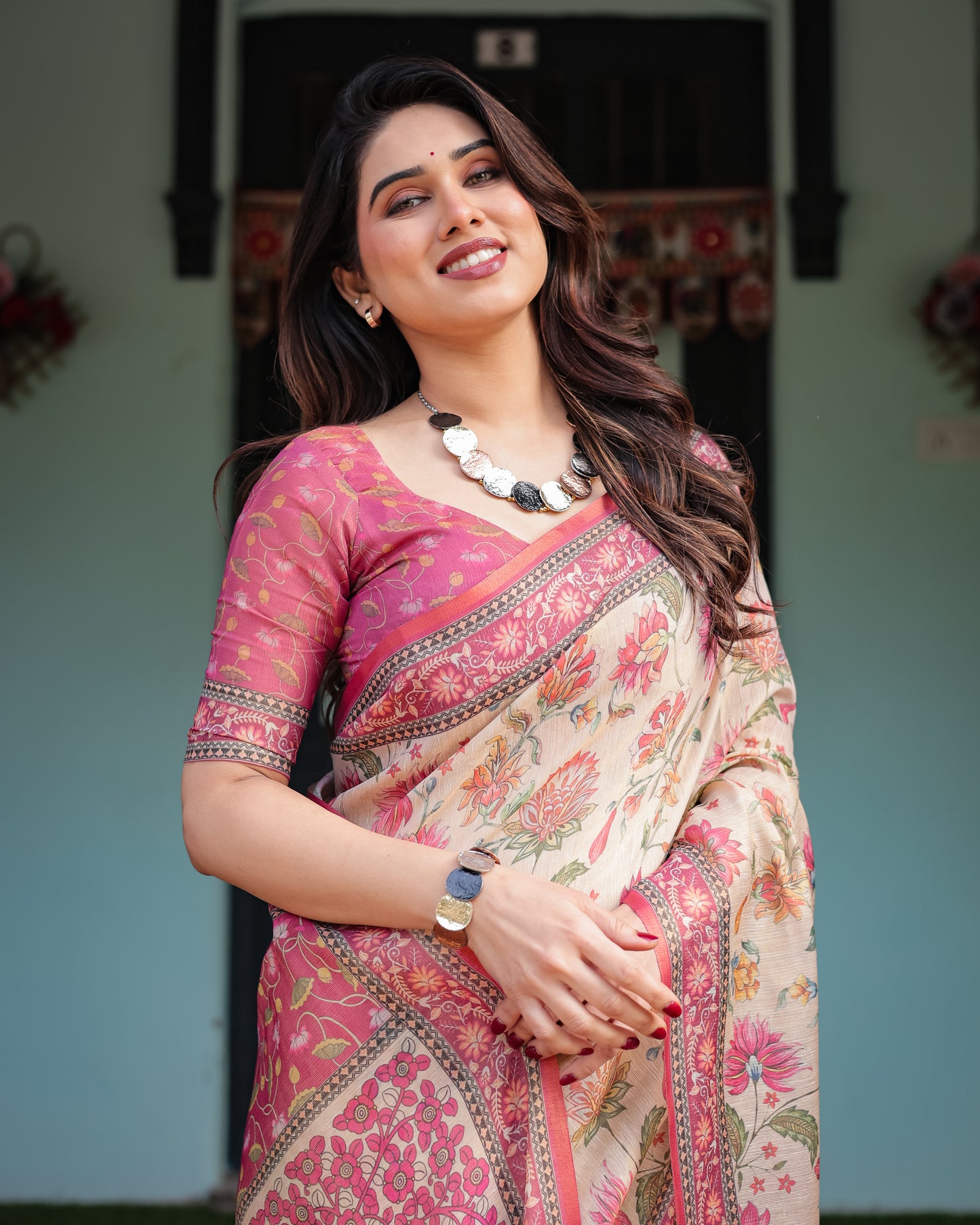 Ivory Cream Floral Printed Silk Saree with Pink Border & Tassel Pallu
